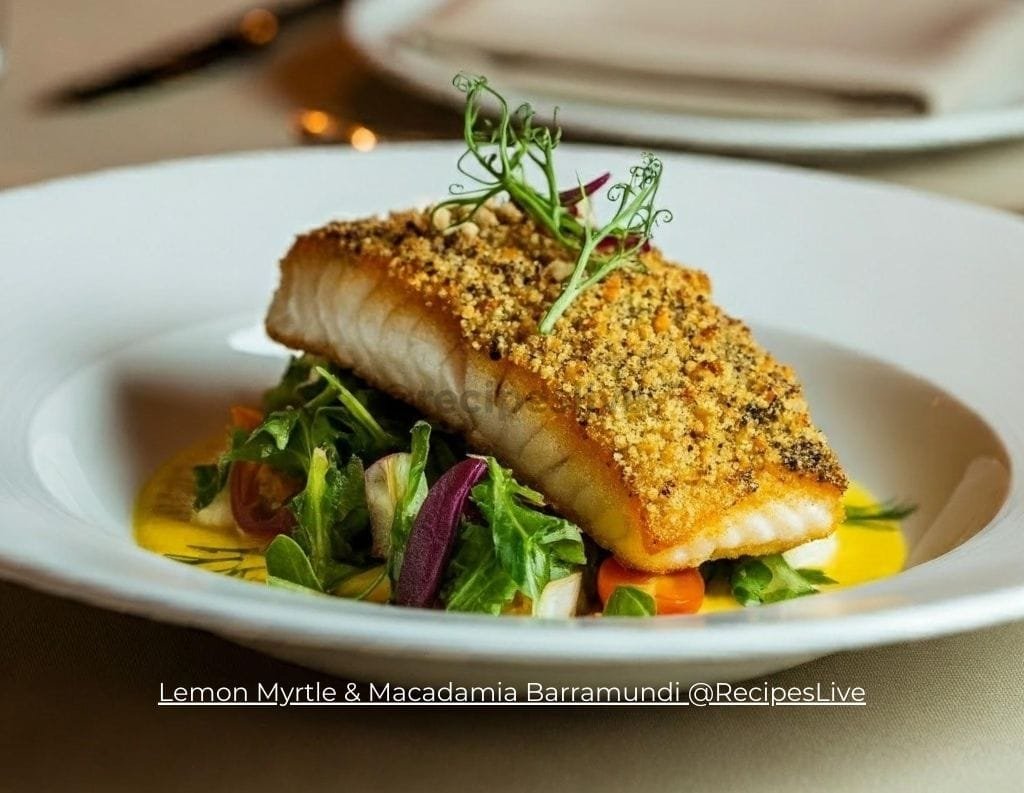 barramundi fish meal, with lemon myrtle crust plated with salad