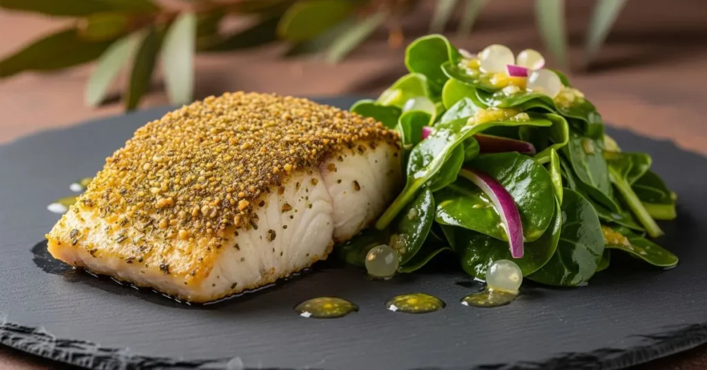 Mountain-Pepper-Saltbush-Crumbed-Barramundi-with-Warrigal-Greens-Finger-Lime-Salad