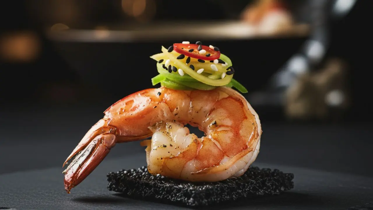 Single-Bite Seared King Prawn Canape with Green Mango and Chili